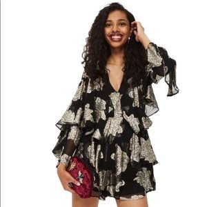 Top Shop Black/Gold Sheer Chiffon Ruffle Romper